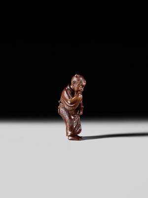 Lot 282 - GYOKUSO: A SUPERB SO SCHOOL INLAID WOOD NETSUKE OF A NOH ACTOR WEARING AN OKAME MASK