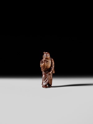Lot 282 - GYOKUSO: A SUPERB SO SCHOOL INLAID WOOD NETSUKE OF A NOH ACTOR WEARING AN OKAME MASK