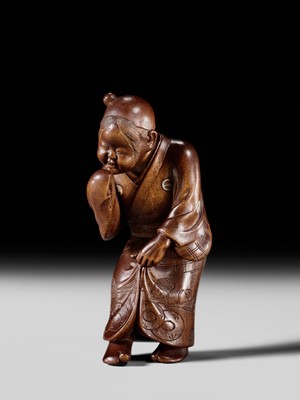Lot 282 - GYOKUSO: A SUPERB SO SCHOOL INLAID WOOD NETSUKE OF A NOH ACTOR WEARING AN OKAME MASK