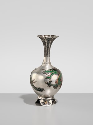 Lot 24 - UJITADA: A SUPERB CLOISONNÉ ENAMEL APPLIED SILVER ‘DRAGON’ VASE