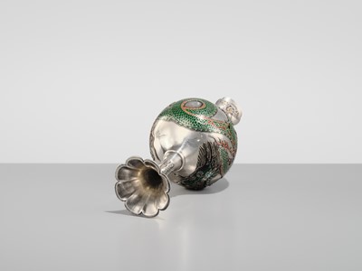 Lot 24 - UJITADA: A SUPERB CLOISONNÉ ENAMEL APPLIED SILVER ‘DRAGON’ VASE