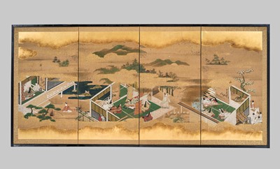 Lot 323 - A FINE FOUR-PANEL BYOBU (FOLDING SCREEN) DEPICTING SCENES FROM THE TALE OF GENJI