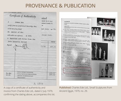 A GREEN FAIENCE AMULET OF SHU, THE GOD OF AIR AND ATMOSPHERE, LATE PERIOD, DYNASTY XXVI