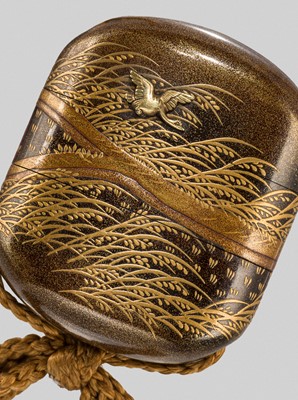 Lot 33 - KOMA KANSAI: AN EXQUISITE MINIATURE TWO-CASE METAL-INLAID LACQUER INRO WITH GEESE AMONG REEDS