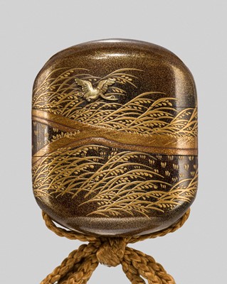 Lot 33 - KOMA KANSAI: AN EXQUISITE MINIATURE TWO-CASE METAL-INLAID LACQUER INRO WITH GEESE AMONG REEDS