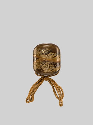 Lot 33 - KOMA KANSAI: AN EXQUISITE MINIATURE TWO-CASE METAL-INLAID LACQUER INRO WITH GEESE AMONG REEDS