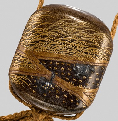 Lot 33 - KOMA KANSAI: AN EXQUISITE MINIATURE TWO-CASE METAL-INLAID LACQUER INRO WITH GEESE AMONG REEDS