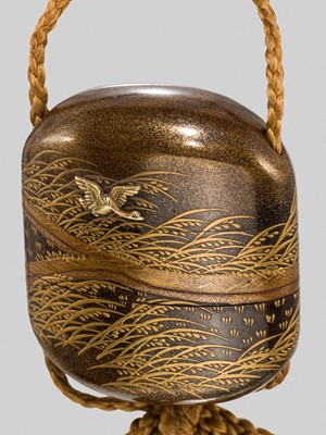 Lot 33 - KOMA KANSAI: AN EXQUISITE MINIATURE TWO-CASE METAL-INLAID LACQUER INRO WITH GEESE AMONG REEDS