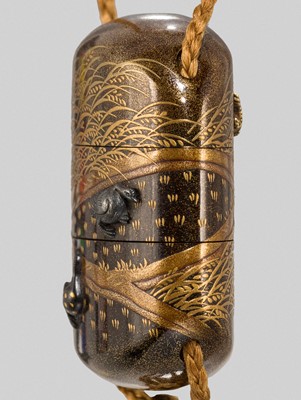 Lot 33 - KOMA KANSAI: AN EXQUISITE MINIATURE TWO-CASE METAL-INLAID LACQUER INRO WITH GEESE AMONG REEDS