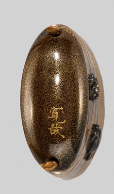 Lot 33 - KOMA KANSAI: AN EXQUISITE MINIATURE TWO-CASE METAL-INLAID LACQUER INRO WITH GEESE AMONG REEDS