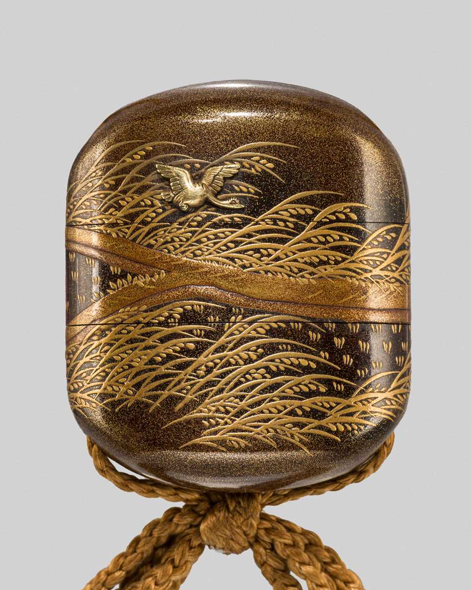 Lot 33 - KOMA KANSAI: AN EXQUISITE MINIATURE TWO-CASE METAL-INLAID LACQUER INRO WITH GEESE AMONG REEDS