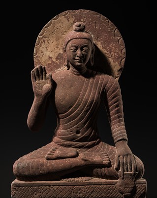 Lot 611 - A PINK SANDSTONE STELE OF BUDDHA SHAKYAMUNI, MATHURA, KUSHAN PERIOD