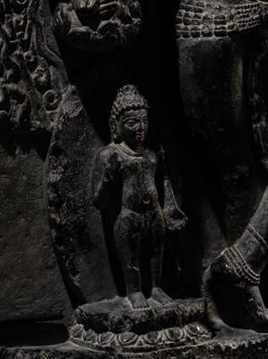 A BLACK STONE STELE DEPICTING THE BIRTH OF GAUTAMA BUDDHA