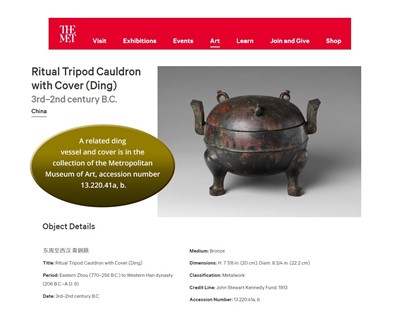 Lot 411 - AN ARCHAIC BRONZE RITUAL TRIPOD VESSEL AND COVER, DING, EASTERN ZHOU