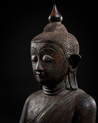 Lot 57 - A LARGE BRONZE FIGURE OF BUDDHA SHAKYAMUNI, SHAN STYLE, 17TH-18TH CENTURY