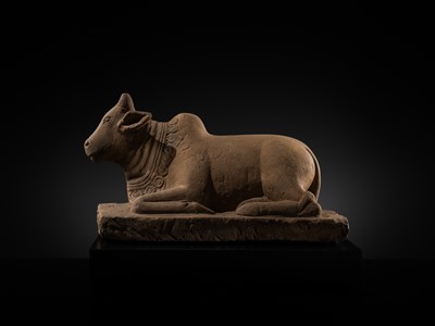 Lot 46 - A MAGNIFICENT SANDSTONE STATUE OF NANDI, PRE-ANGKOR PERIOD, 8TH-9TH CENTURY