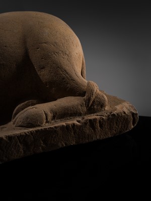 Lot 46 - A MAGNIFICENT SANDSTONE STATUE OF NANDI, PRE-ANGKOR PERIOD, 8TH-9TH CENTURY