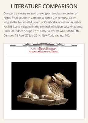 Lot 46 - A MAGNIFICENT SANDSTONE STATUE OF NANDI, PRE-ANGKOR PERIOD, 8TH-9TH CENTURY
