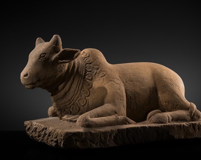 Lot 46 - A MAGNIFICENT SANDSTONE STATUE OF NANDI, PRE-ANGKOR PERIOD, 8TH-9TH CENTURY
