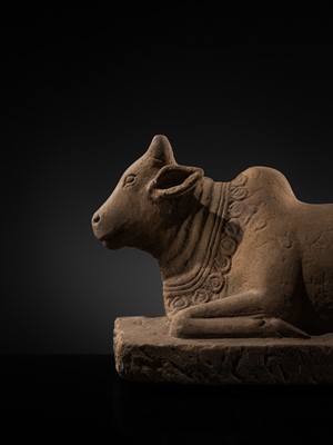Lot 46 - A MAGNIFICENT SANDSTONE STATUE OF NANDI, PRE-ANGKOR PERIOD, 8TH-9TH CENTURY