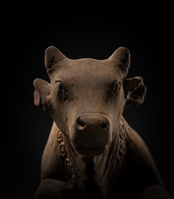 Lot 46 - A MAGNIFICENT SANDSTONE STATUE OF NANDI, PRE-ANGKOR PERIOD, 8TH-9TH CENTURY