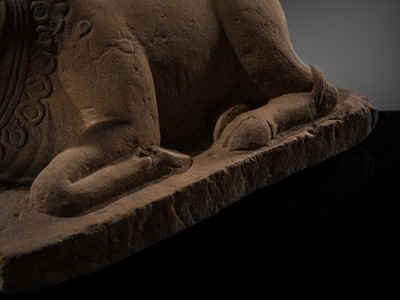 Lot 46 - A MAGNIFICENT SANDSTONE STATUE OF NANDI, PRE-ANGKOR PERIOD, 8TH-9TH CENTURY