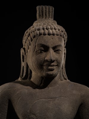 Lot 45 - AN IMPORTANT AND LARGE (131 CM) SANDSTONE FIGURE OF PARASHURAMA, PRE-ANGKOR PERIOD, PHNOM DA STYLE, 7TH CENTURY