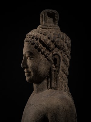 Lot 45 - AN IMPORTANT AND LARGE (131 CM) SANDSTONE FIGURE OF PARASHURAMA, PRE-ANGKOR PERIOD, PHNOM DA STYLE, 7TH CENTURY