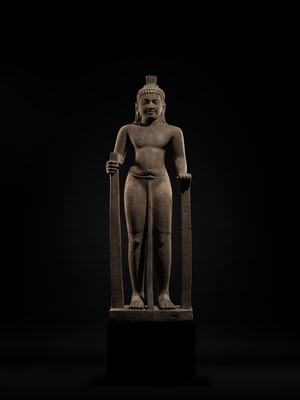 Lot 45 - AN IMPORTANT AND LARGE (131 CM) SANDSTONE FIGURE OF PARASHURAMA, PRE-ANGKOR PERIOD, PHNOM DA STYLE, 7TH CENTURY