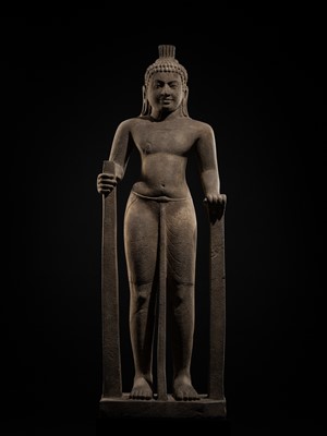 Lot 45 - AN IMPORTANT AND LARGE (131 CM) SANDSTONE FIGURE OF PARASHURAMA, PRE-ANGKOR PERIOD, PHNOM DA STYLE, 7TH CENTURY