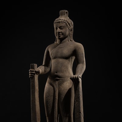 Lot 45 - AN IMPORTANT AND LARGE (131 CM) SANDSTONE FIGURE OF PARASHURAMA, PRE-ANGKOR PERIOD, PHNOM DA STYLE, 7TH CENTURY