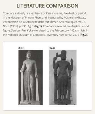 Lot 45 - AN IMPORTANT AND LARGE (131 CM) SANDSTONE FIGURE OF PARASHURAMA, PRE-ANGKOR PERIOD, PHNOM DA STYLE, 7TH CENTURY