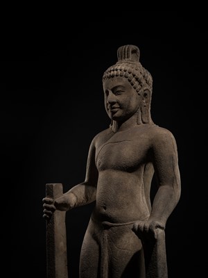 Lot 45 - AN IMPORTANT AND LARGE (131 CM) SANDSTONE FIGURE OF PARASHURAMA, PRE-ANGKOR PERIOD, PHNOM DA STYLE, 7TH CENTURY