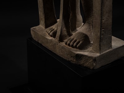 Lot 45 - AN IMPORTANT AND LARGE (131 CM) SANDSTONE FIGURE OF PARASHURAMA, PRE-ANGKOR PERIOD, PHNOM DA STYLE, 7TH CENTURY