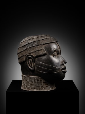Lot 70 - AN IRON-INLAID BRONZE TROPHY HEAD, EDO PEOPLES, 18TH-19TH CENTURY