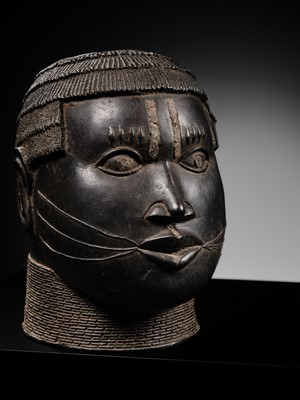 Lot 70 - AN IRON-INLAID BRONZE TROPHY HEAD, EDO PEOPLES, 18TH-19TH CENTURY
