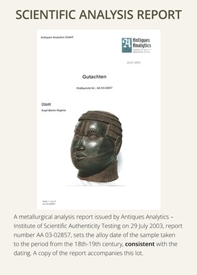 Lot 70 - AN IRON-INLAID BRONZE TROPHY HEAD, EDO PEOPLES, 18TH-19TH CENTURY