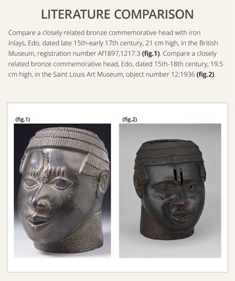 Lot 70 - AN IRON-INLAID BRONZE TROPHY HEAD, EDO PEOPLES, 18TH-19TH CENTURY