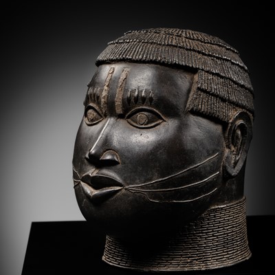Lot 70 - AN IRON-INLAID BRONZE TROPHY HEAD, EDO PEOPLES, 18TH-19TH CENTURY