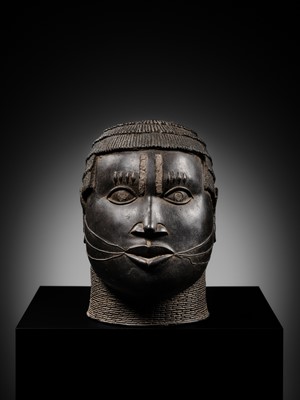 Lot 70 - AN IRON-INLAID BRONZE TROPHY HEAD, EDO PEOPLES, 18TH-19TH CENTURY
