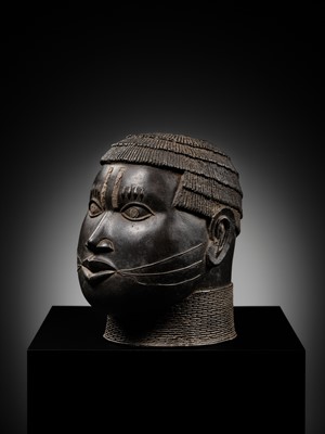Lot 70 - AN IRON-INLAID BRONZE TROPHY HEAD, EDO PEOPLES, 18TH-19TH CENTURY