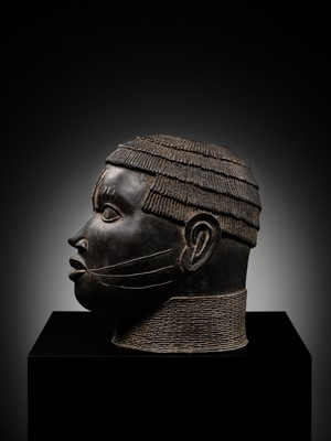 Lot 70 - AN IRON-INLAID BRONZE TROPHY HEAD, EDO PEOPLES, 18TH-19TH CENTURY