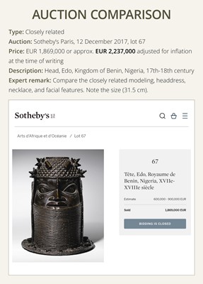 Lot 71 - A FINE BENIN BRONZE HEAD OF AN OBA, UHUNMWUN-ELAO, EDO PEOPLES, 17TH- 18TH CENTURY