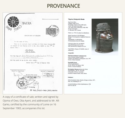 Lot 71 - A FINE BENIN BRONZE HEAD OF AN OBA, UHUNMWUN-ELAO, EDO PEOPLES, 17TH- 18TH CENTURY