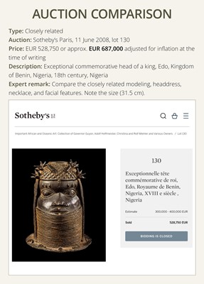 Lot 71 - A FINE BENIN BRONZE HEAD OF AN OBA, UHUNMWUN-ELAO, EDO PEOPLES, 17TH- 18TH CENTURY