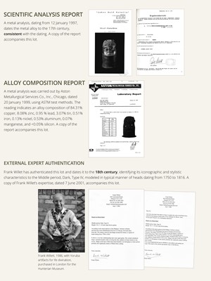 Lot 71 - A FINE BENIN BRONZE HEAD OF AN OBA, UHUNMWUN-ELAO, EDO PEOPLES, 17TH- 18TH CENTURY