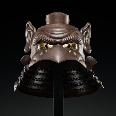 Lot 102 - AN IMPRESSIVE MYOCHIN STYLE IRON KAWARI KABUTO IN THE FORM OF A TENGU WITH TOKIN CAP, ATTRIBUTED TO FUKUTAKE ICHIRO