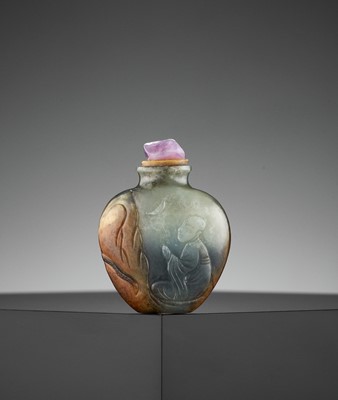 Lot 298 - A WHITE, GRAY AND RUSSET JADEITE ‘LUOHAN’ SNUFF BOTTLE, WANG HENG (1817-1882)