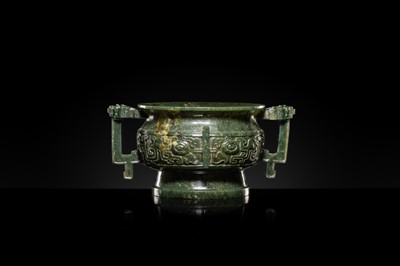 A SPINACH GREEN JADEITE GUI-FORM CENSER, LATE QING DYNASTY