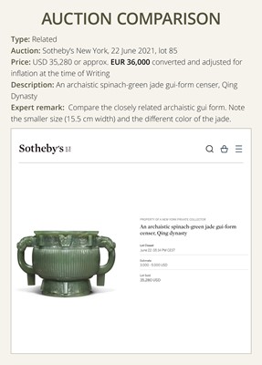 A SPINACH GREEN JADEITE GUI-FORM CENSER, LATE QING DYNASTY